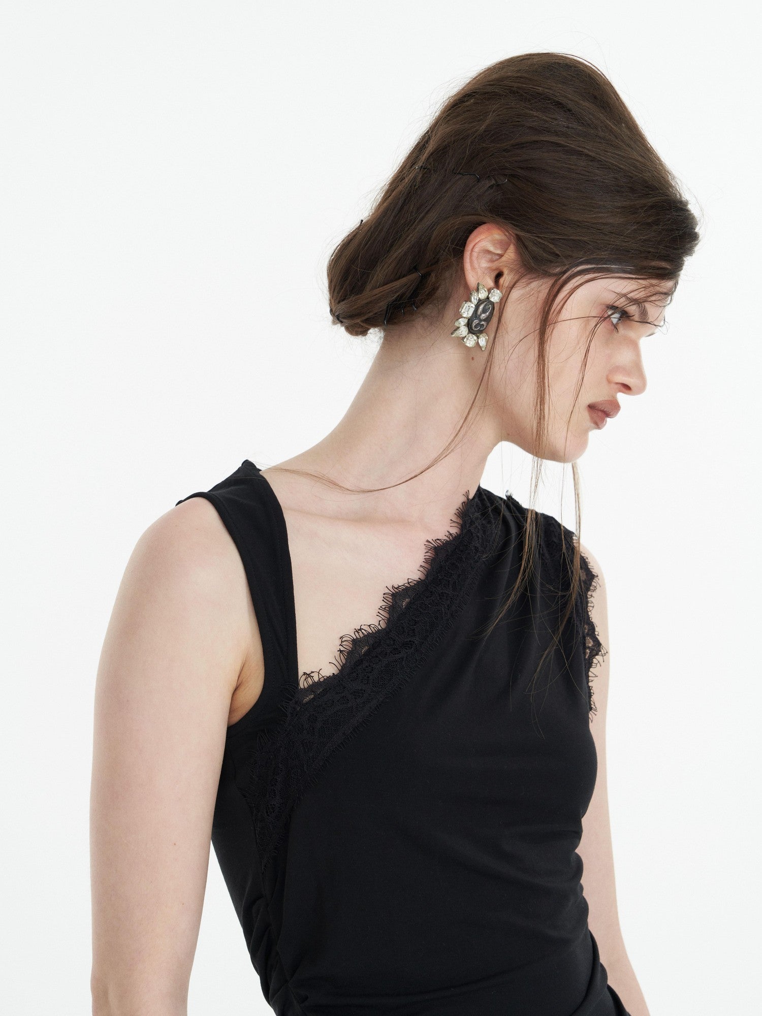 popoop Black Lace Ruched Asymmetrical Neckline Fitted Women&