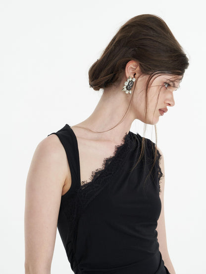 popoop Black Lace Ruched Asymmetrical Neckline Fitted Women&