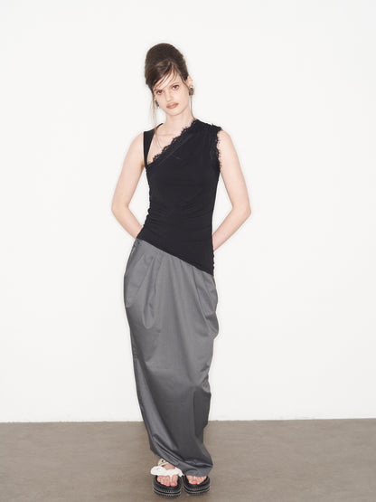 popoop Black Lace Ruched Asymmetrical Neckline Fitted Women&