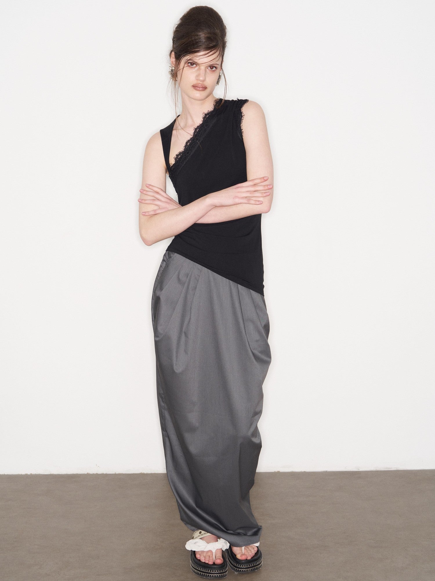 popoop Black Lace Ruched Asymmetrical Neckline Fitted Women&