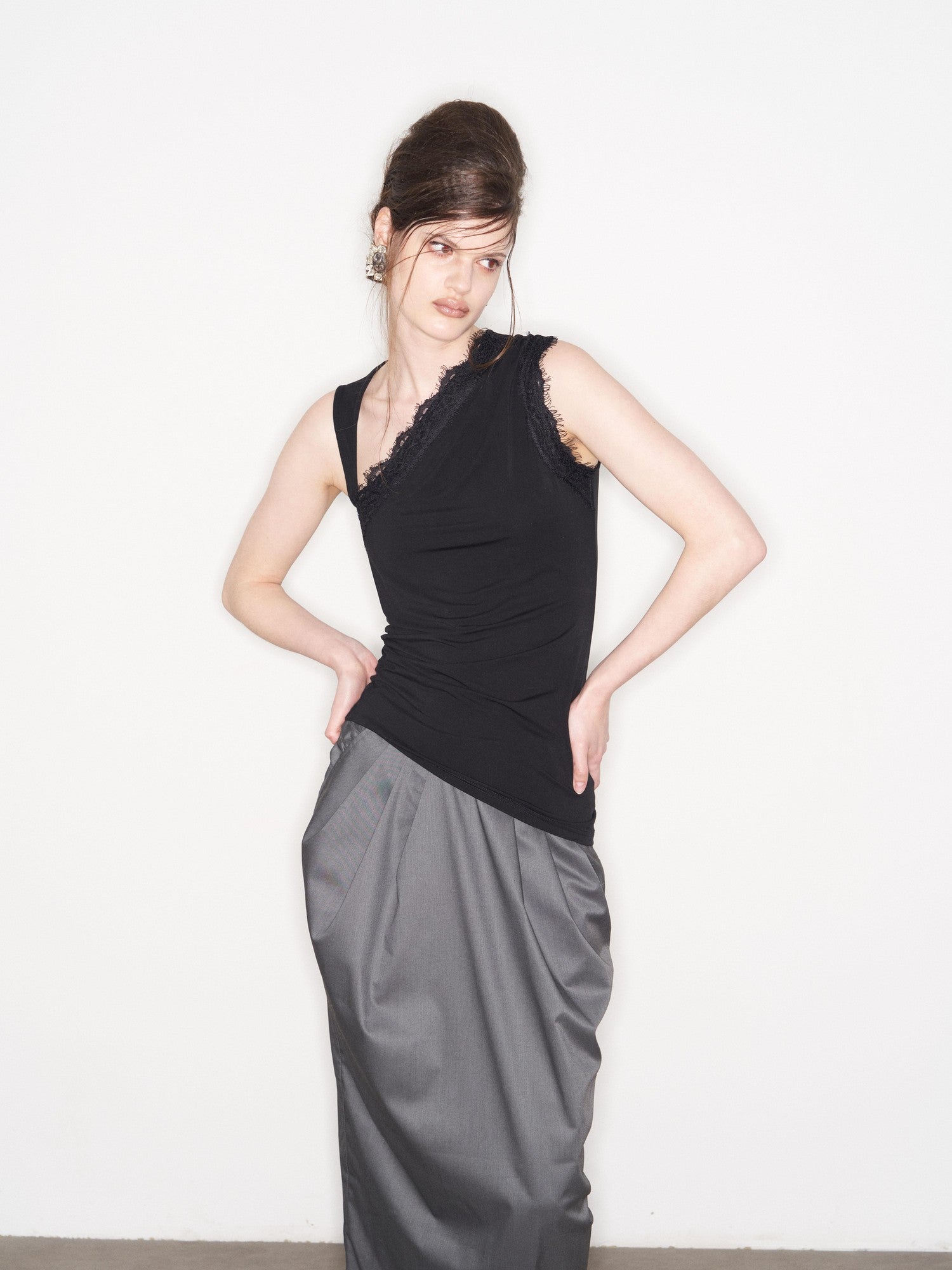 popoop Black Lace Ruched Asymmetrical Neckline Fitted Women&
