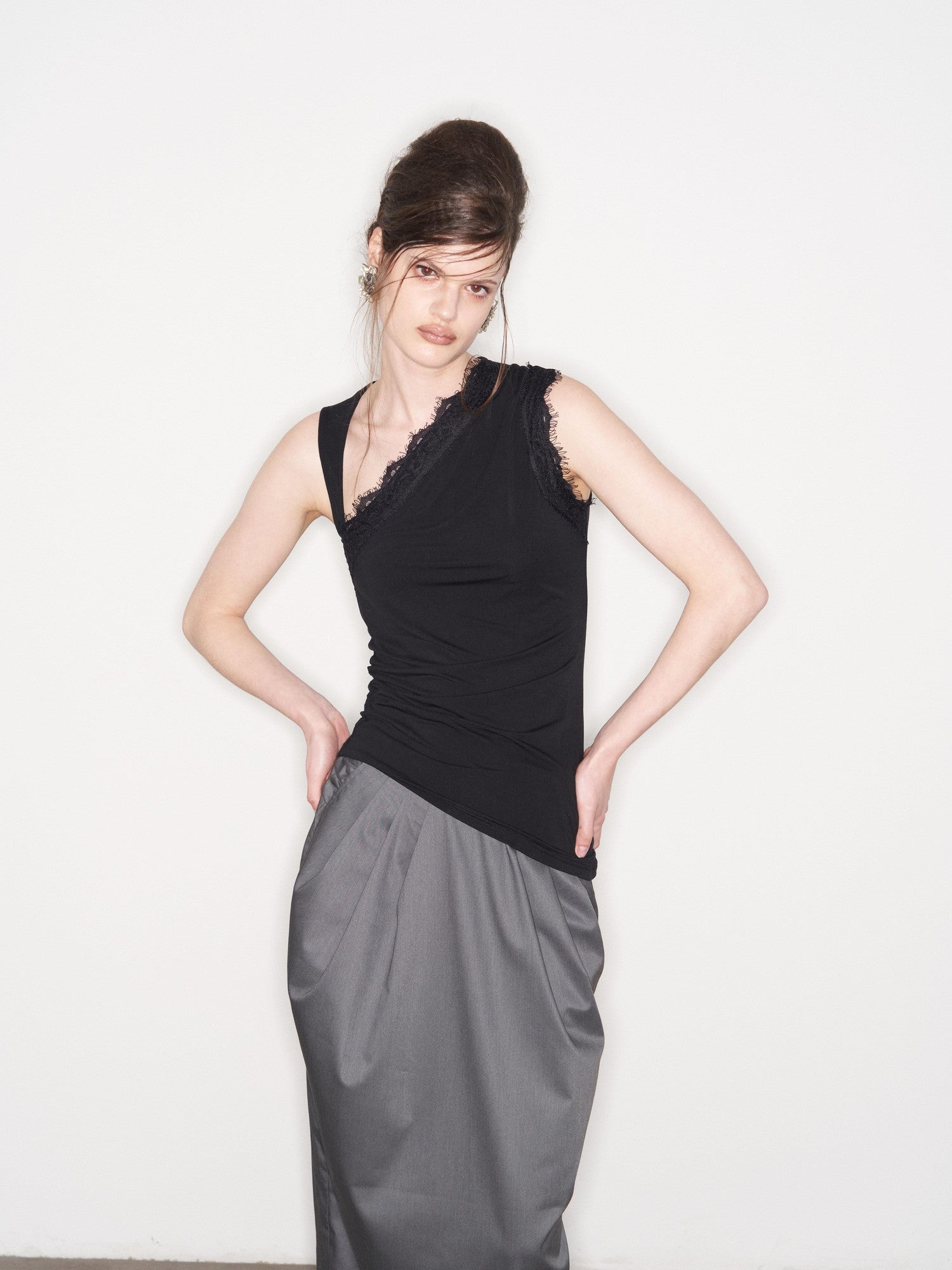 popoop Black Lace Ruched Asymmetrical Neckline Fitted Women&