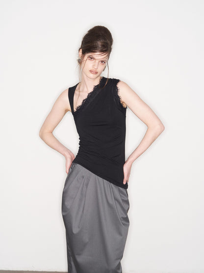 popoop Black Lace Ruched Asymmetrical Neckline Fitted Women&