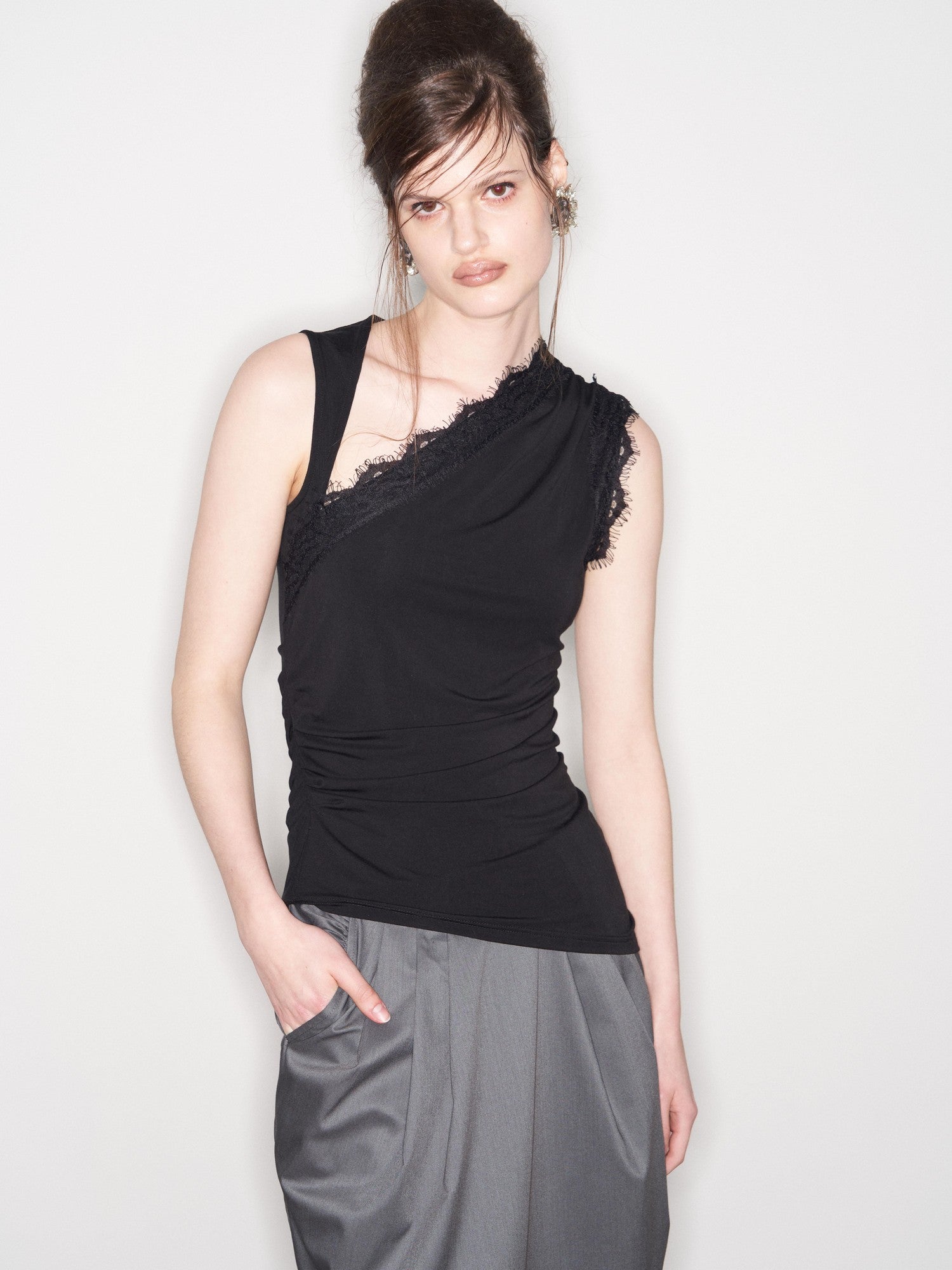 popoop Black Lace Ruched Asymmetrical Neckline Fitted Women&