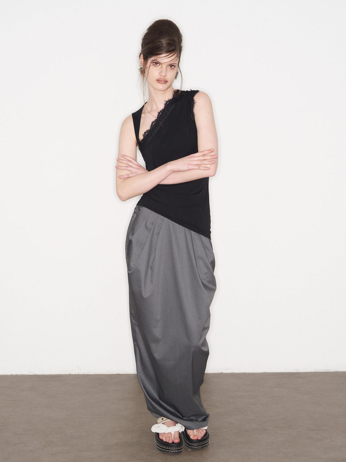 popoop Black Lace Ruched Asymmetrical Neckline Fitted Women&