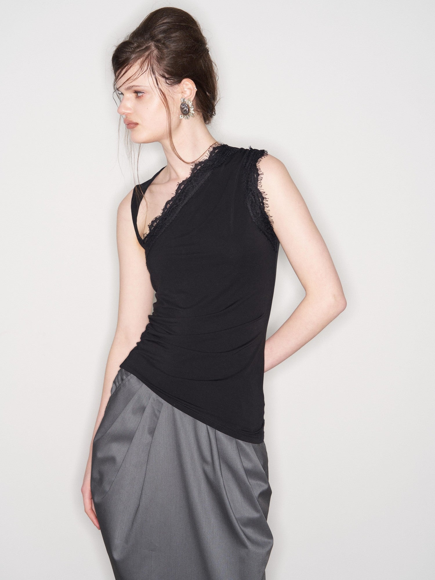 popoop Black Lace Ruched Asymmetrical Neckline Fitted Women&