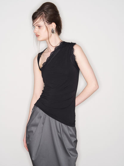 popoop Black Lace Ruched Asymmetrical Neckline Fitted Women&