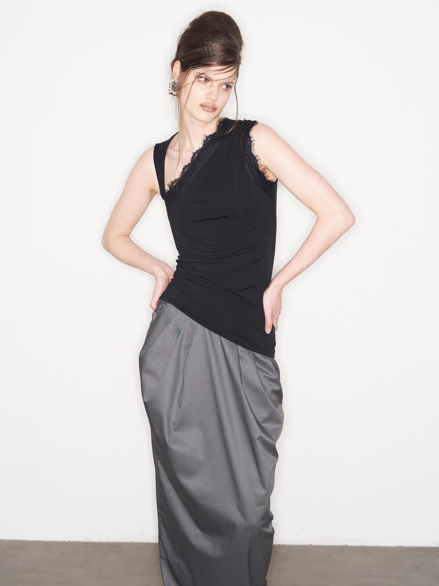 popoop Black Lace Ruched Asymmetrical Neckline Fitted Women&