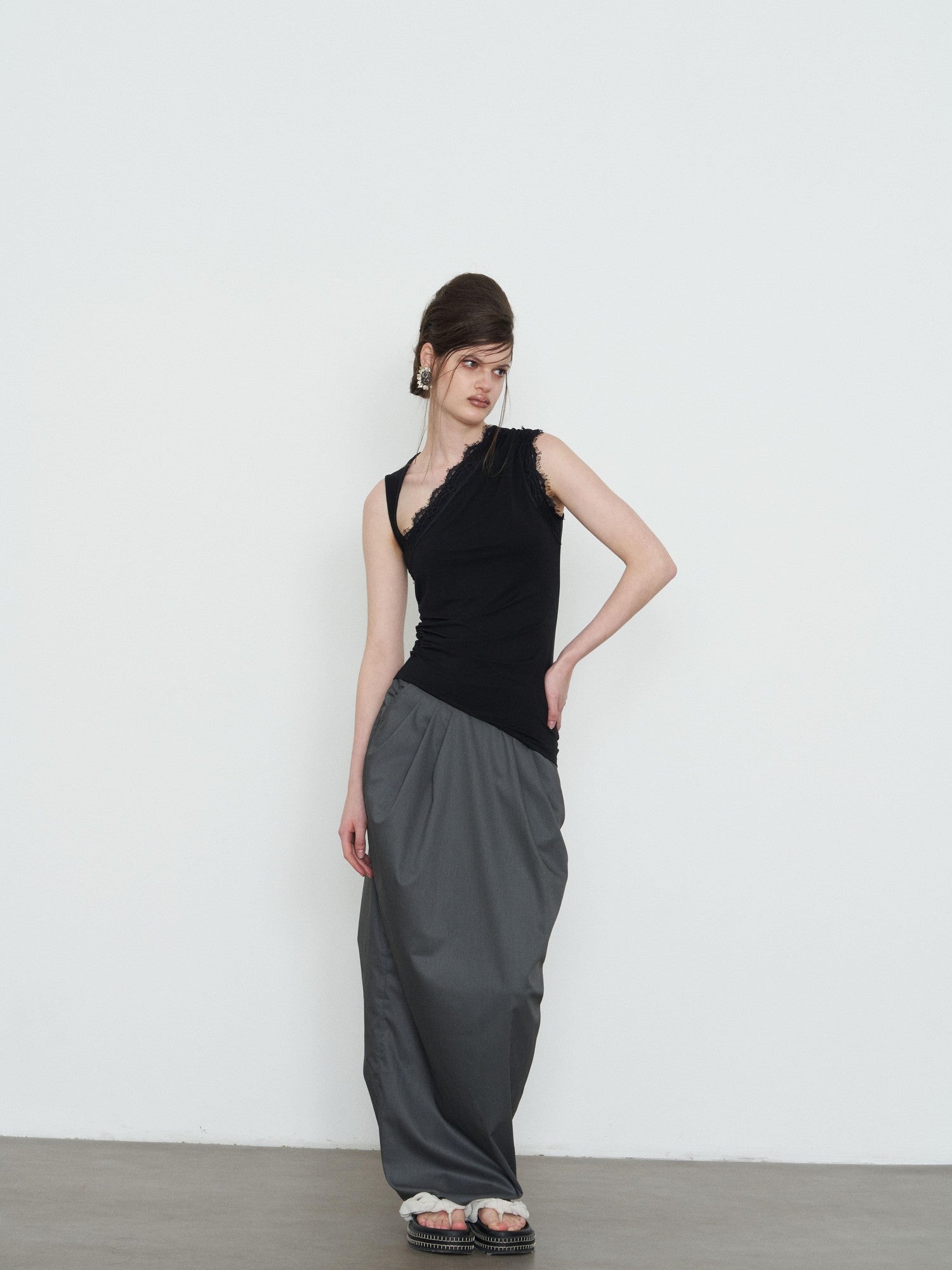popoop Black Lace Ruched Asymmetrical Neckline Fitted Women&