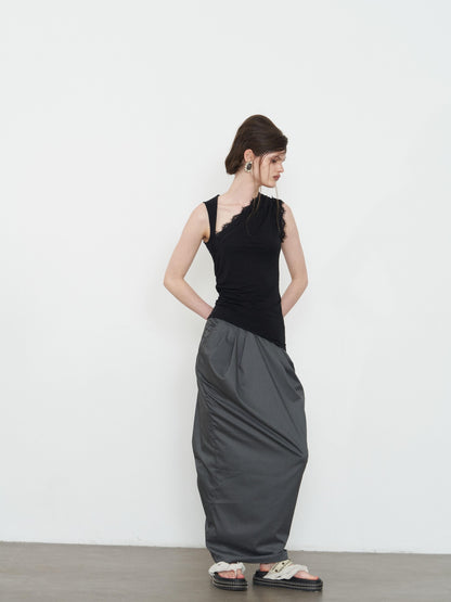 popoop Black Lace Ruched Asymmetrical Neckline Fitted Women&
