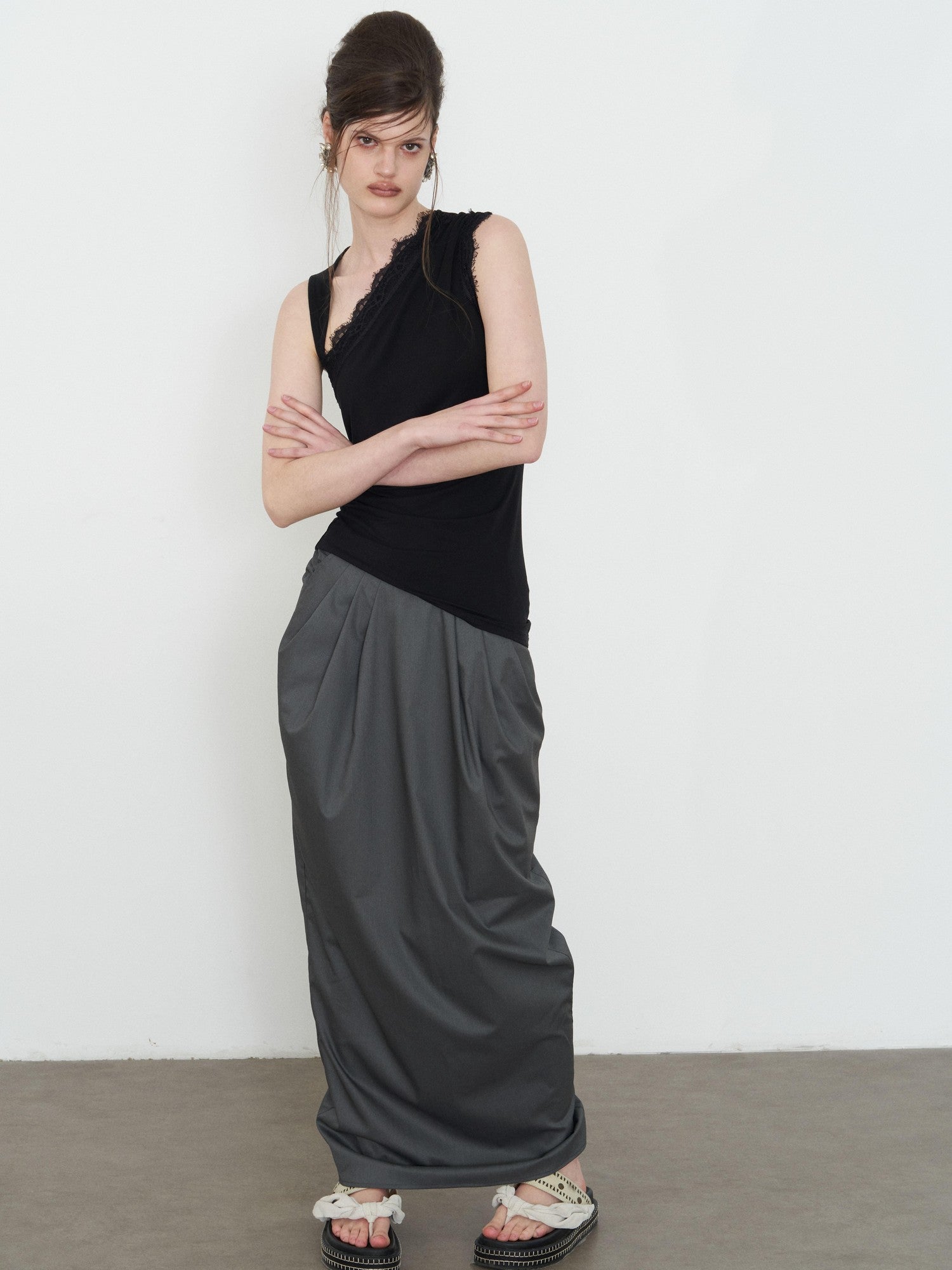 popoop Black Lace Ruched Asymmetrical Neckline Fitted Women&