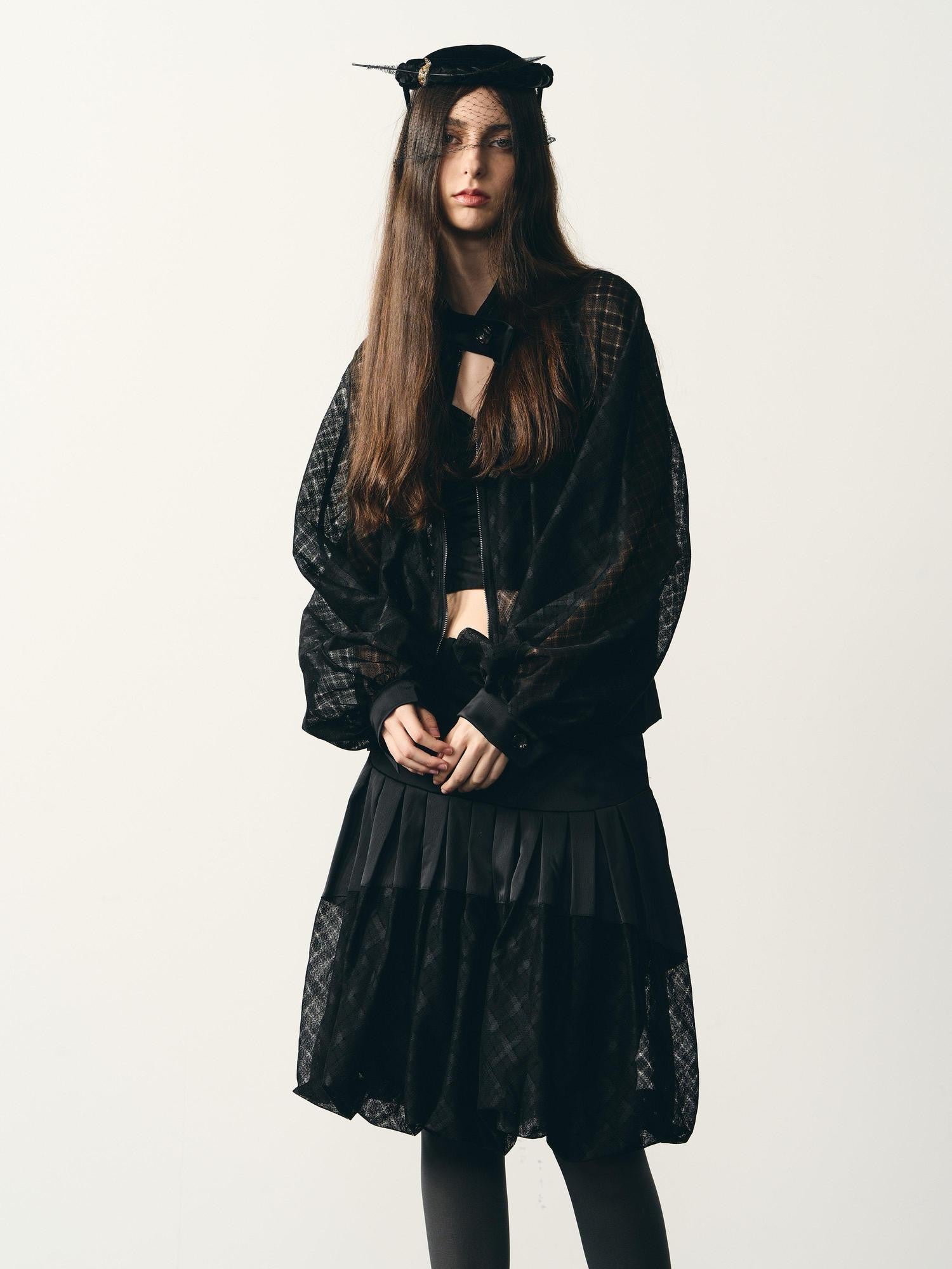 popoop Black Lantern Sleeve High Neck Checkered Sheer Loose Women&