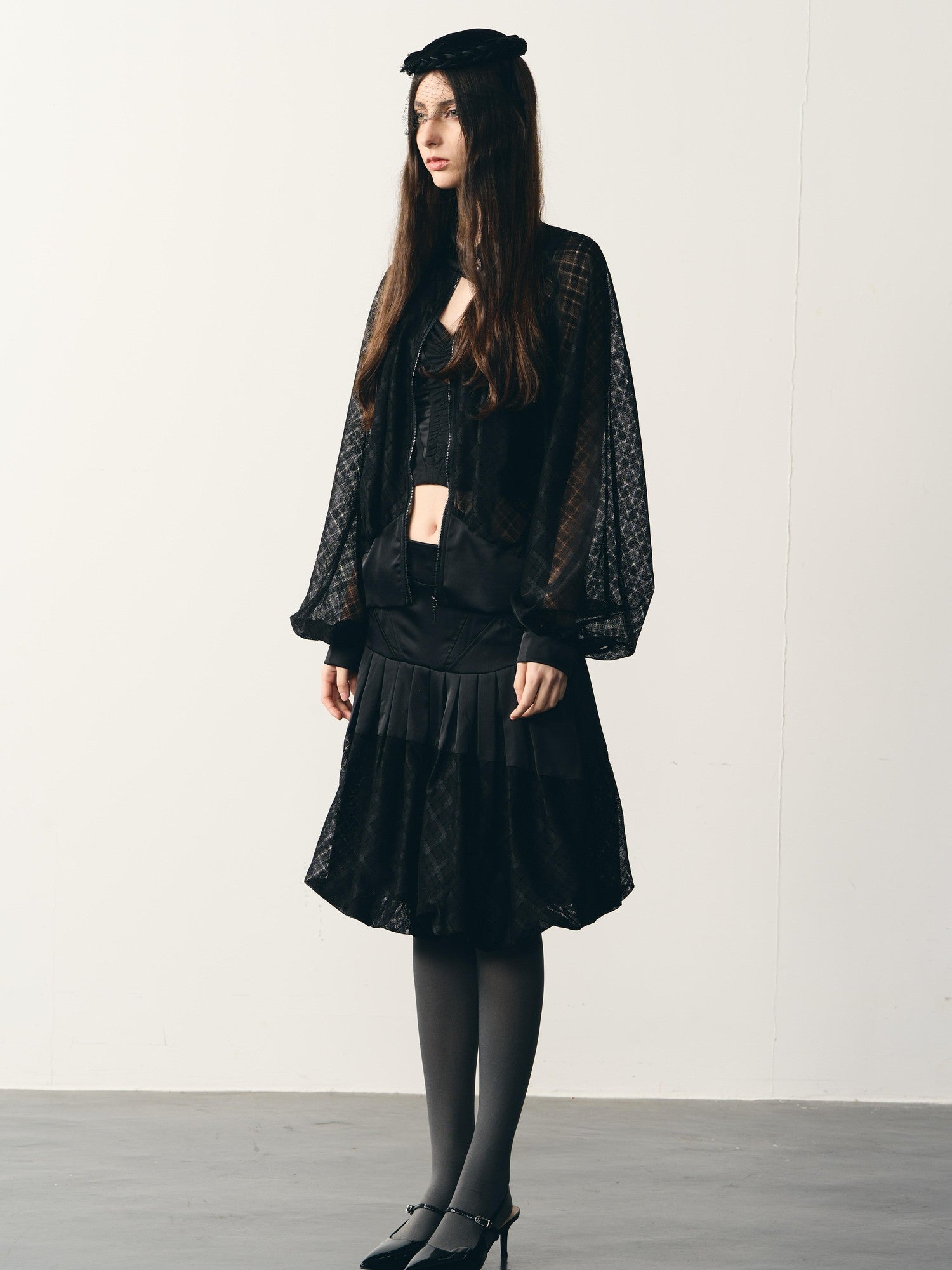 popoop Black Lantern Sleeve High Neck Checkered Sheer Loose Women&