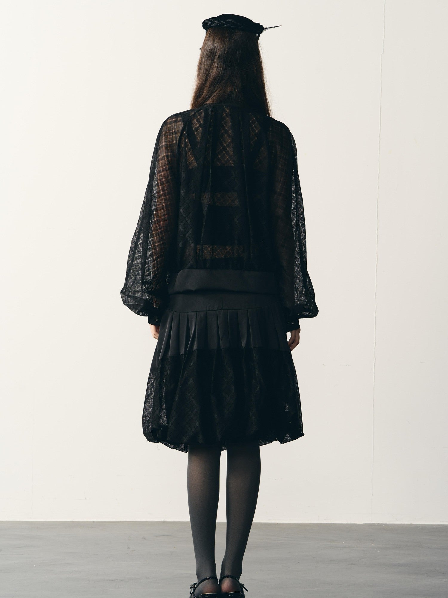 popoop Black Lantern Sleeve High Neck Checkered Sheer Loose Women&