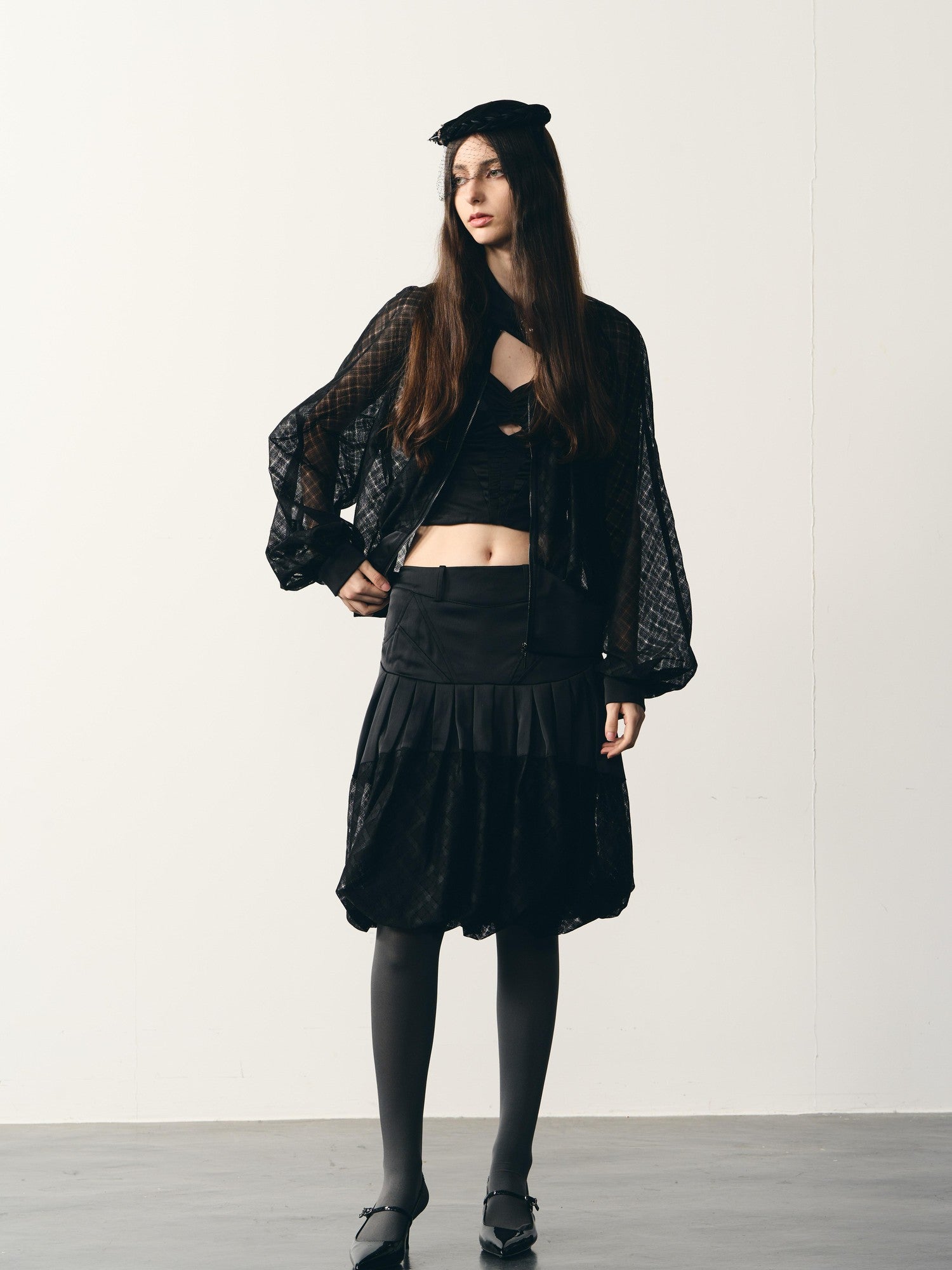 popoop Black Lantern Sleeve High Neck Checkered Sheer Loose Women&