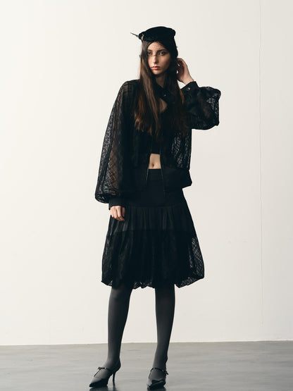 popoop Black Lantern Sleeve High Neck Checkered Sheer Loose Women&