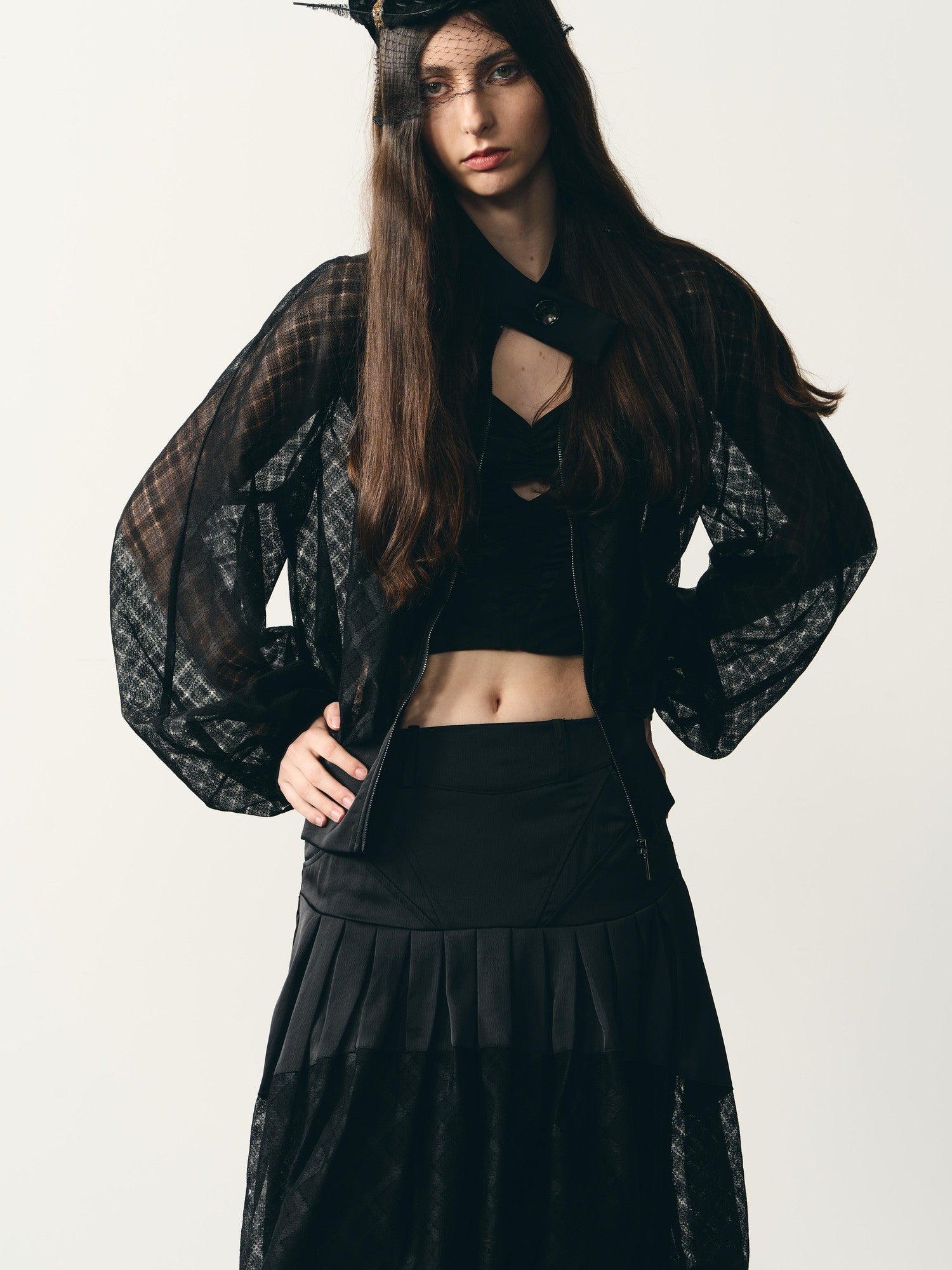 popoop Black Lantern Sleeve High Neck Checkered Sheer Loose Women&