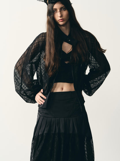 popoop Black Lantern Sleeve High Neck Checkered Sheer Loose Women&