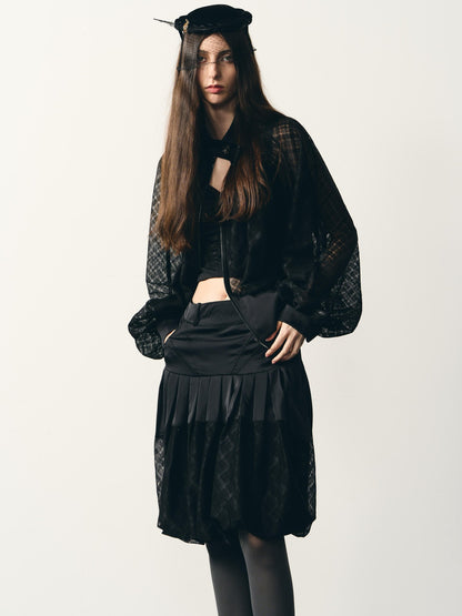 popoop Black Lantern Sleeve High Neck Checkered Sheer Loose Women&