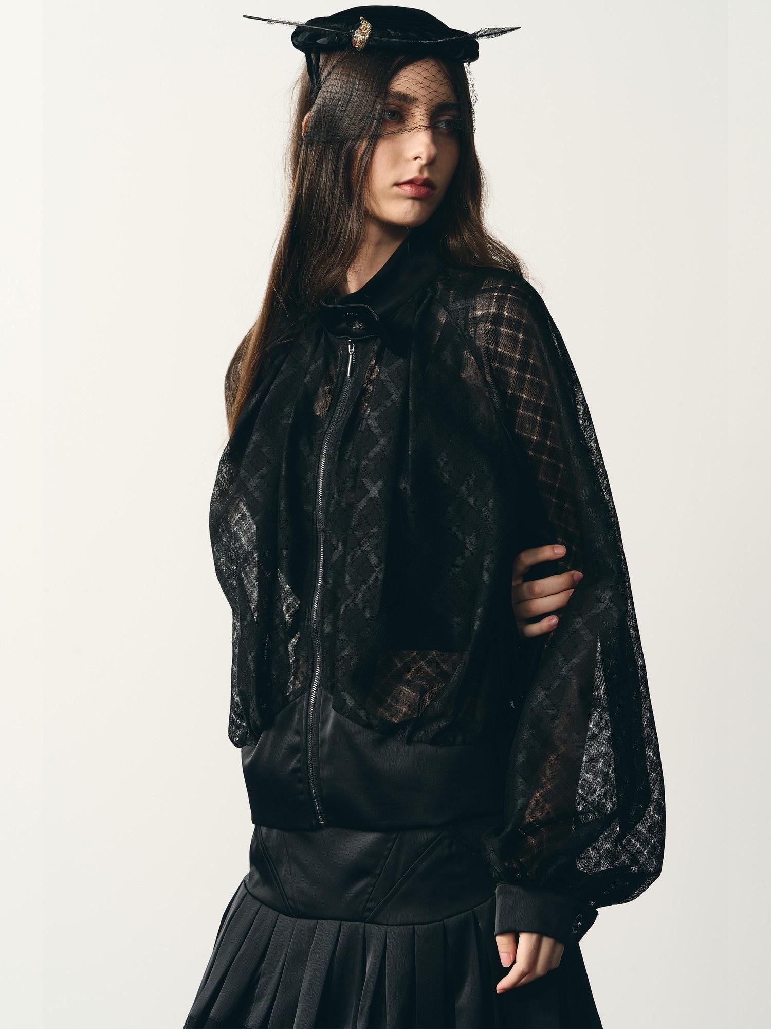 popoop Black Lantern Sleeve High Neck Checkered Sheer Loose Women&
