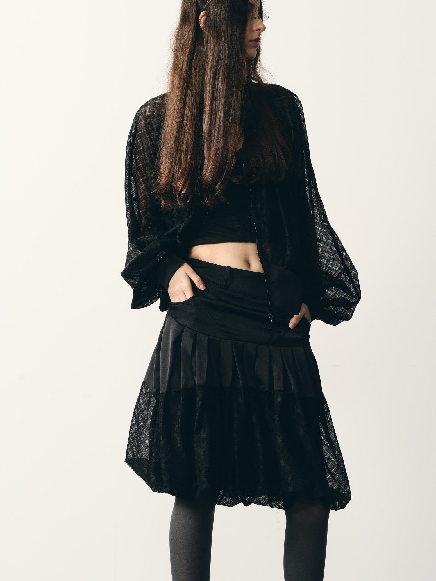 popoop Black Lantern Sleeve High Neck Checkered Sheer Loose Women&