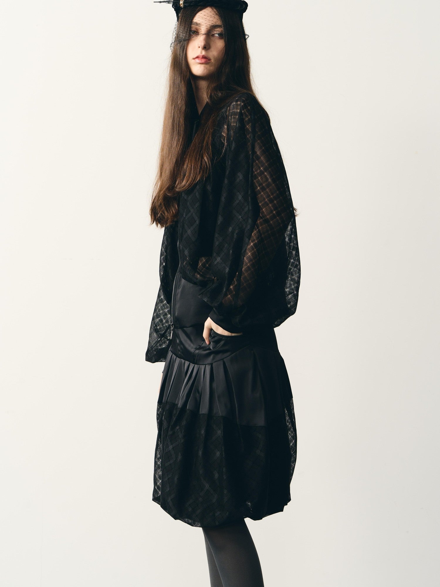 popoop Black Lantern Sleeve High Neck Checkered Sheer Loose Women&