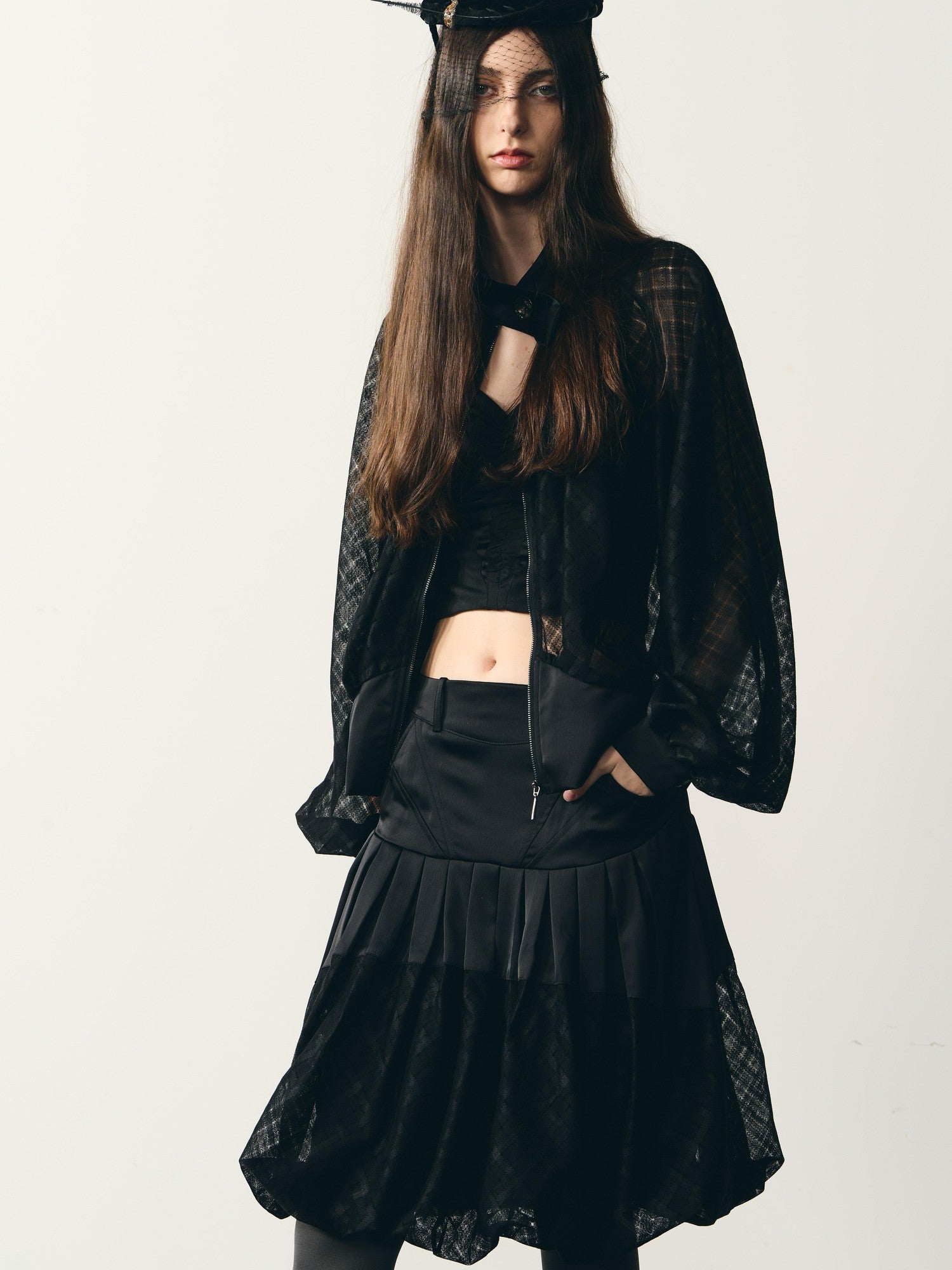 popoop Black Lantern Sleeve High Neck Checkered Sheer Loose Women&