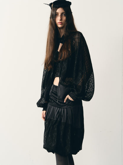 popoop Black Lantern Sleeve High Neck Checkered Sheer Loose Women&