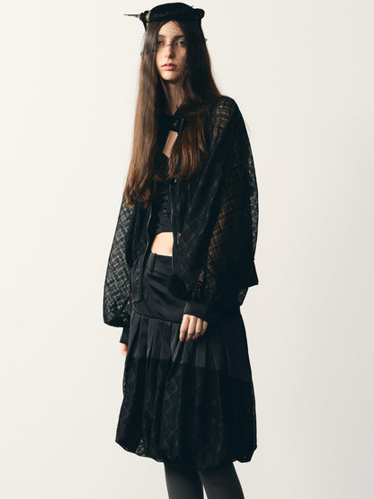 popoop Black Lantern Sleeve High Neck Checkered Sheer Loose Women&