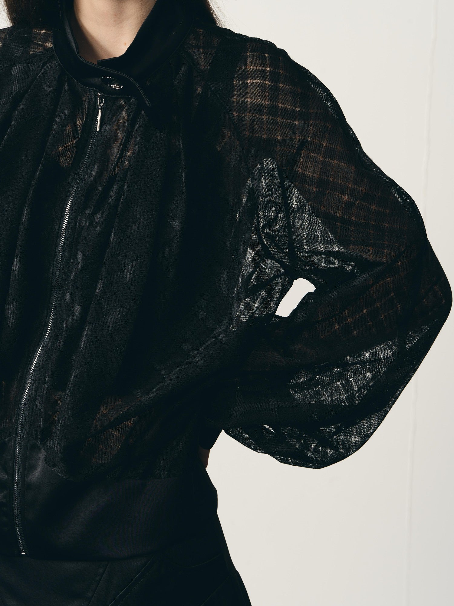 popoop Black Lantern Sleeve High Neck Checkered Sheer Loose Women&