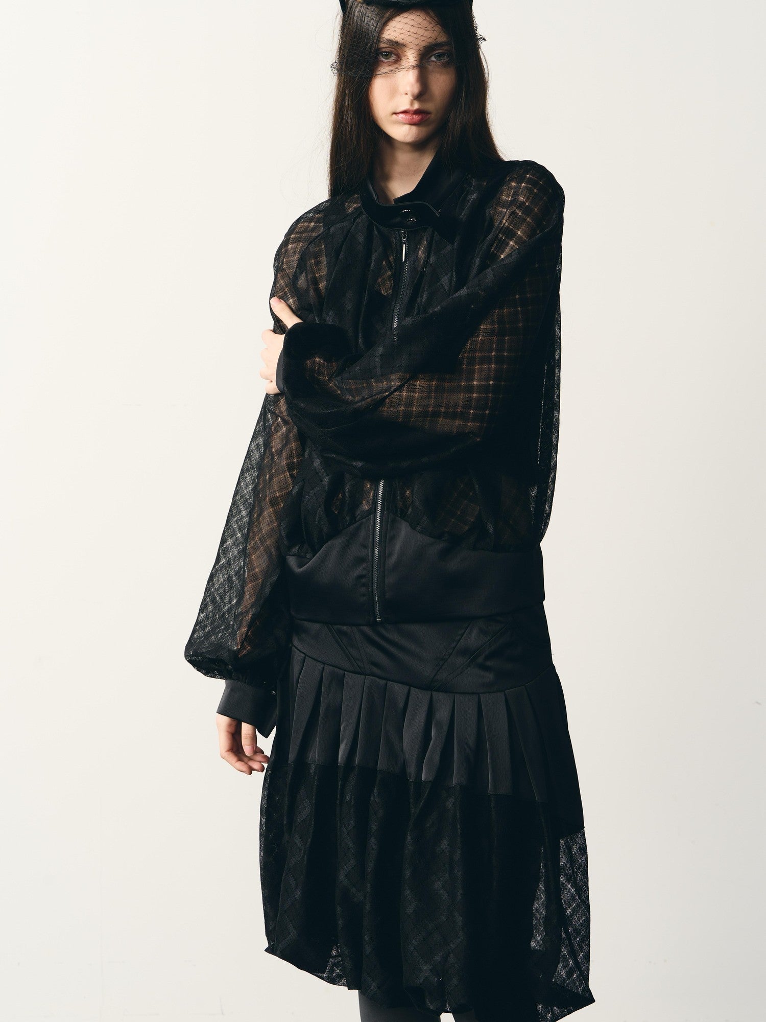popoop Black Lantern Sleeve High Neck Checkered Sheer Loose Women&