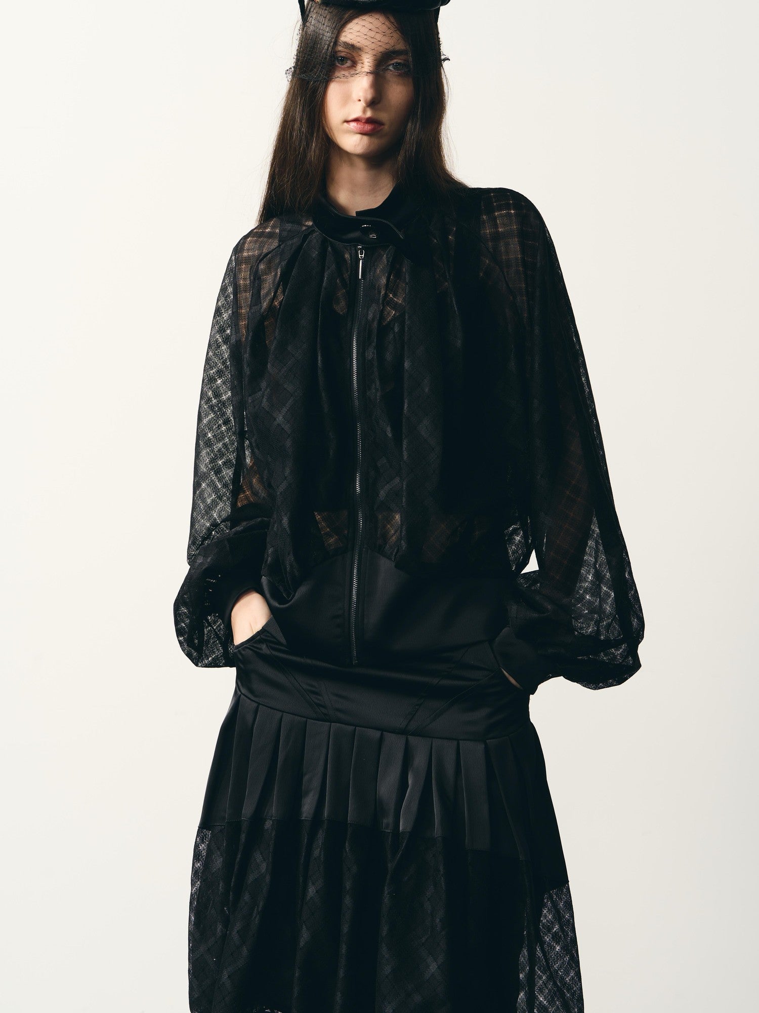 popoop Black Lantern Sleeve High Neck Checkered Sheer Loose Women&