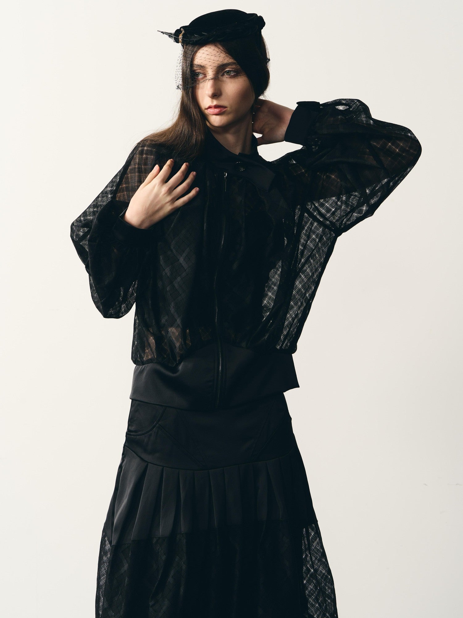 popoop Black Lantern Sleeve High Neck Checkered Sheer Loose Women&