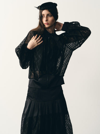 popoop Black Lantern Sleeve High Neck Checkered Sheer Loose Women&