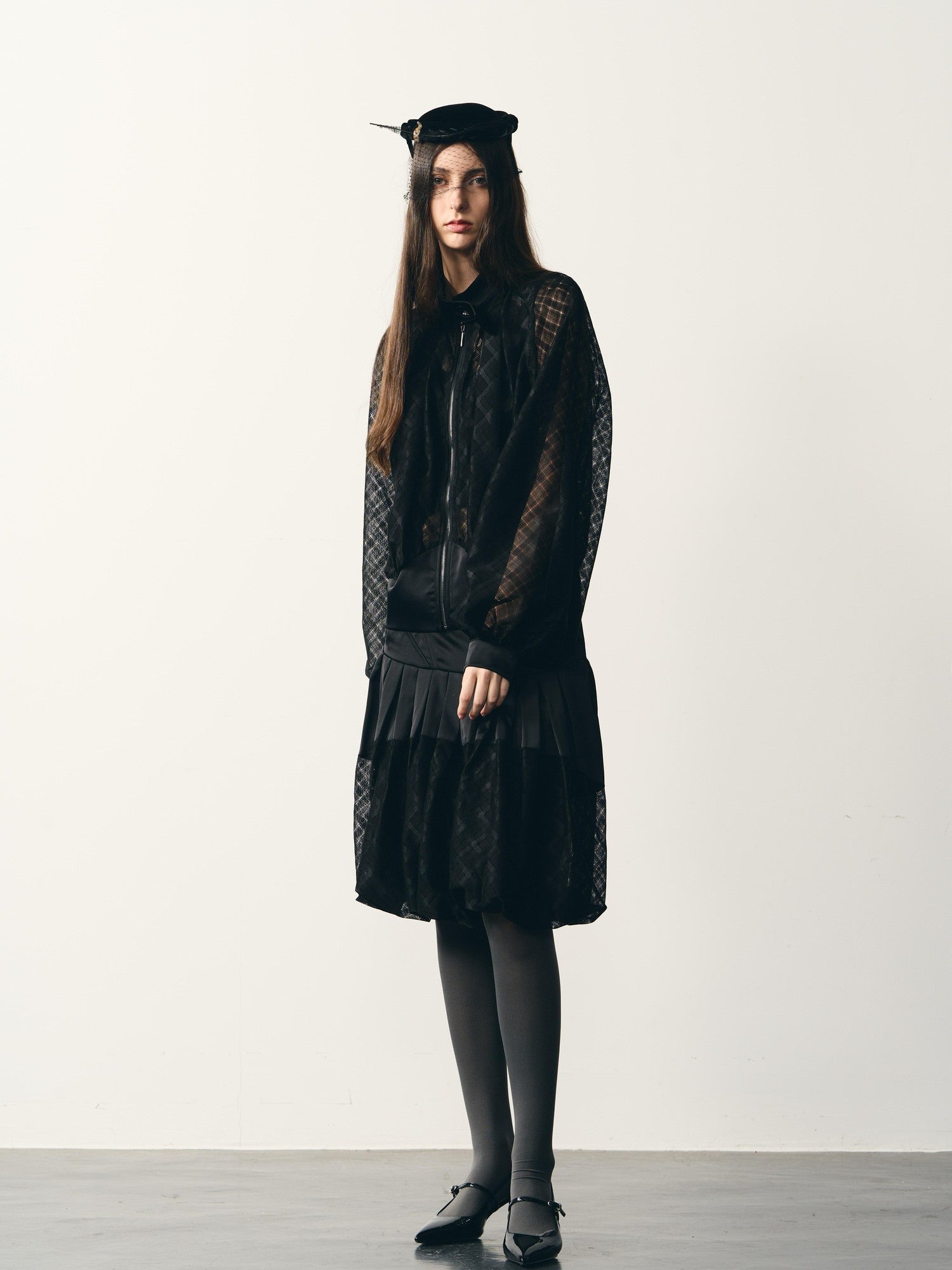 popoop Black Lantern Sleeve High Neck Checkered Sheer Loose Women&
