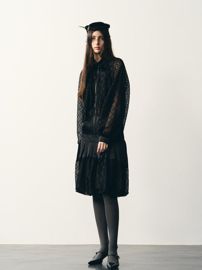 popoop Black Lantern Sleeve High Neck Checkered Sheer Loose Women&