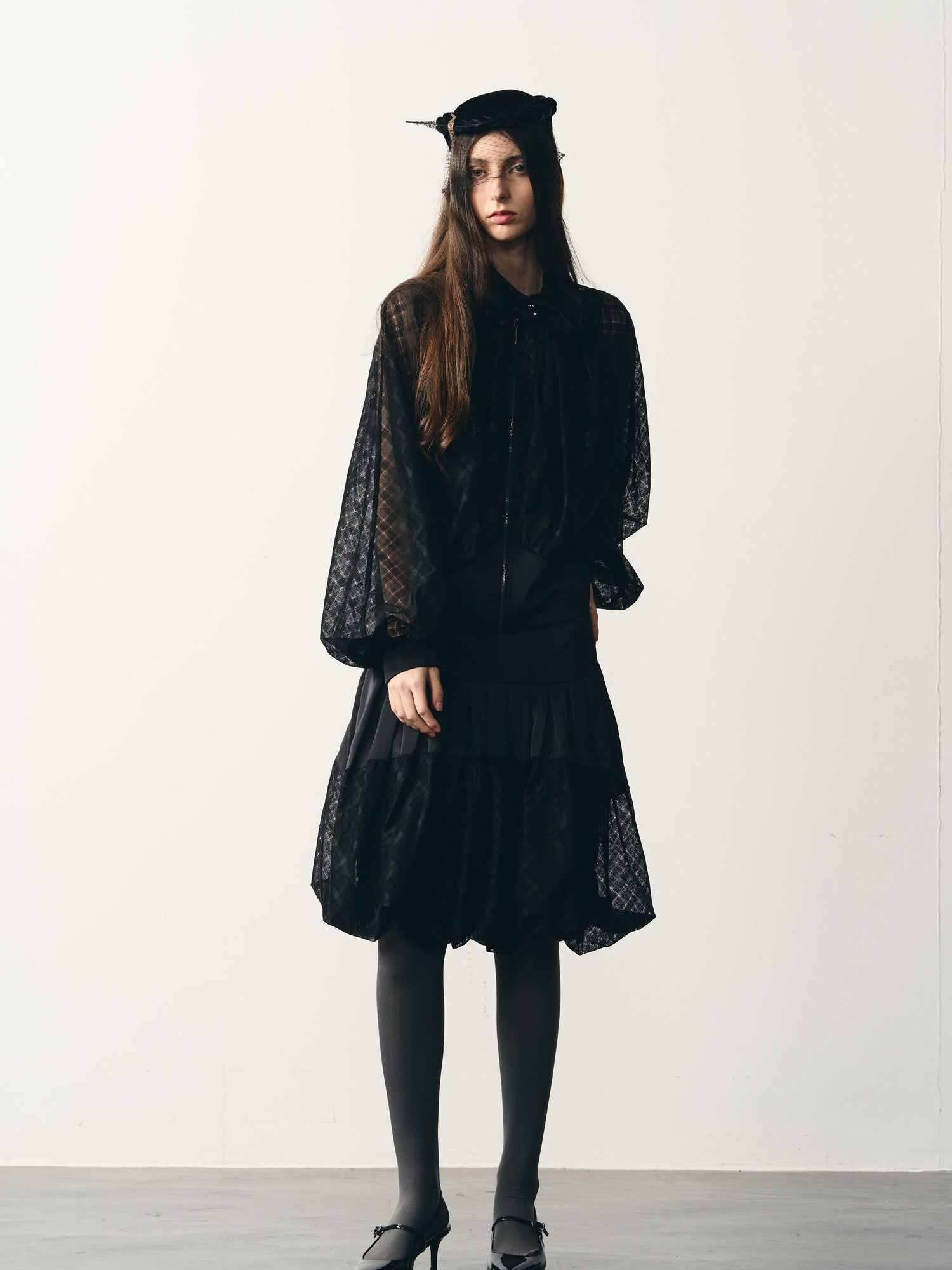 popoop Black Lantern Sleeve High Neck Checkered Sheer Loose Women&
