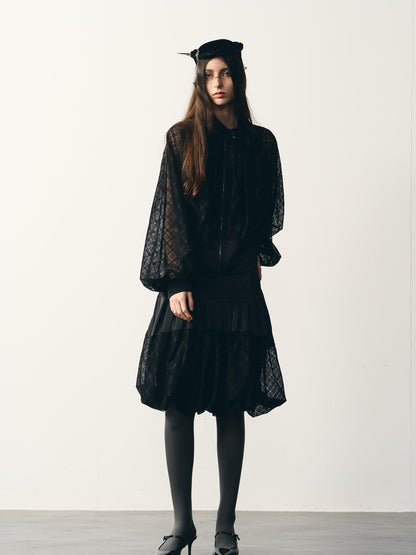 popoop Black Lantern Sleeve High Neck Checkered Sheer Loose Women&