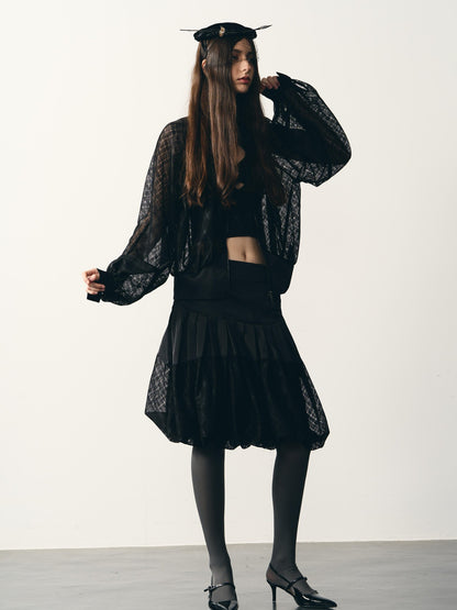 popoop Black Lantern Sleeve High Neck Checkered Sheer Loose Women&