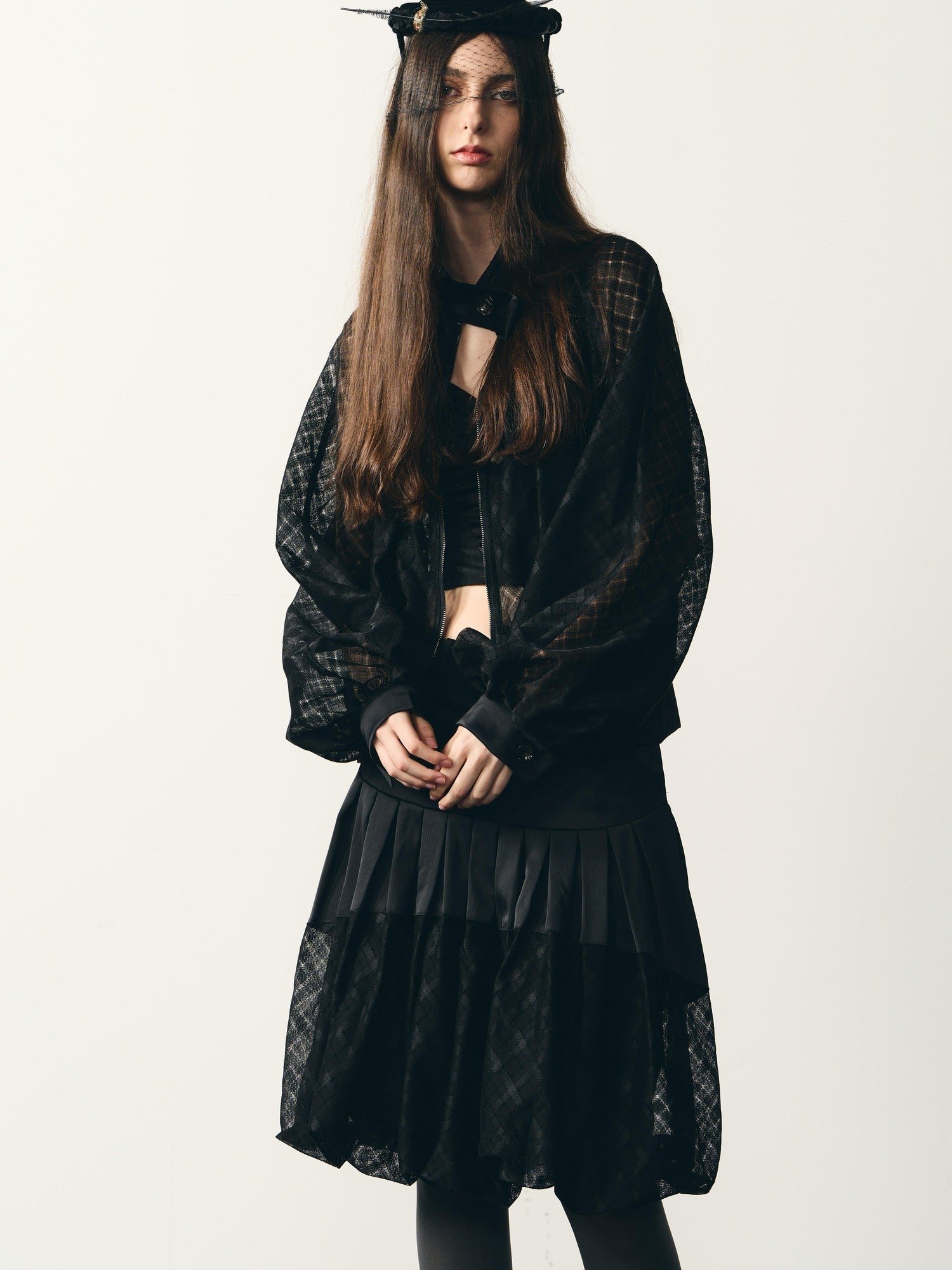 popoop Black Lantern Sleeve High Neck Checkered Sheer Loose Women&