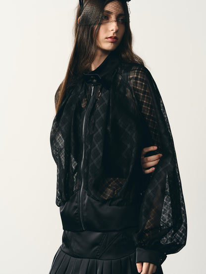 popoop Black Lantern Sleeve High Neck Checkered Sheer Loose Women&