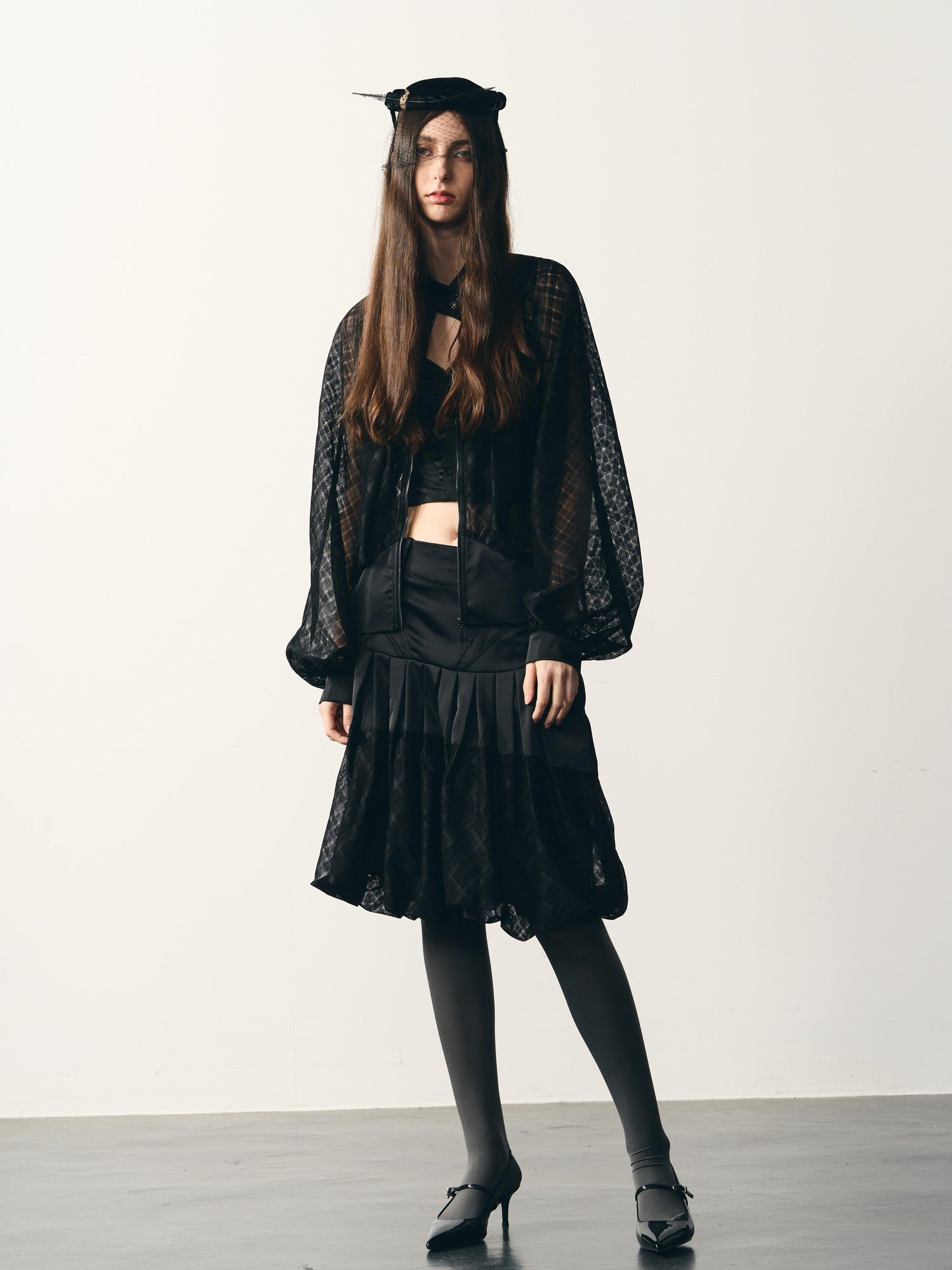 popoop Black Lantern Sleeve High Neck Checkered Sheer Loose Women&