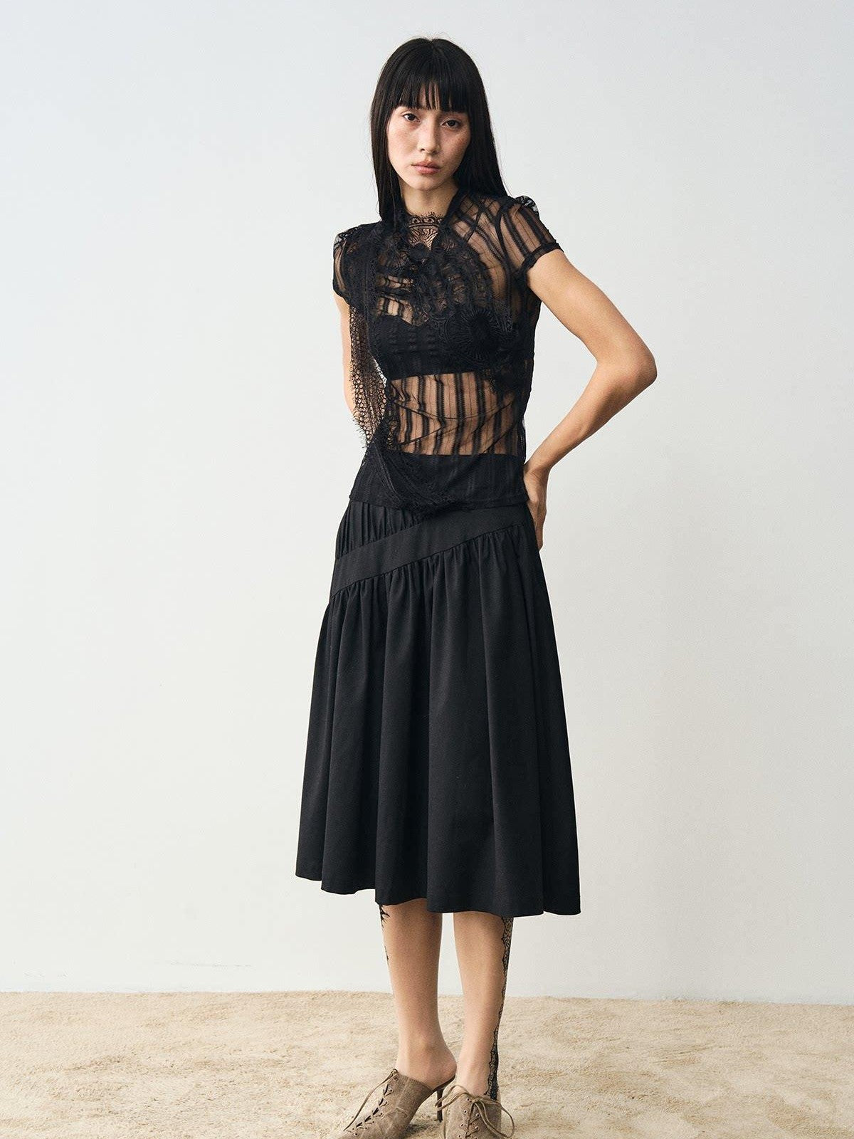 popoop Black Mesh Lace Close Fitting Women&