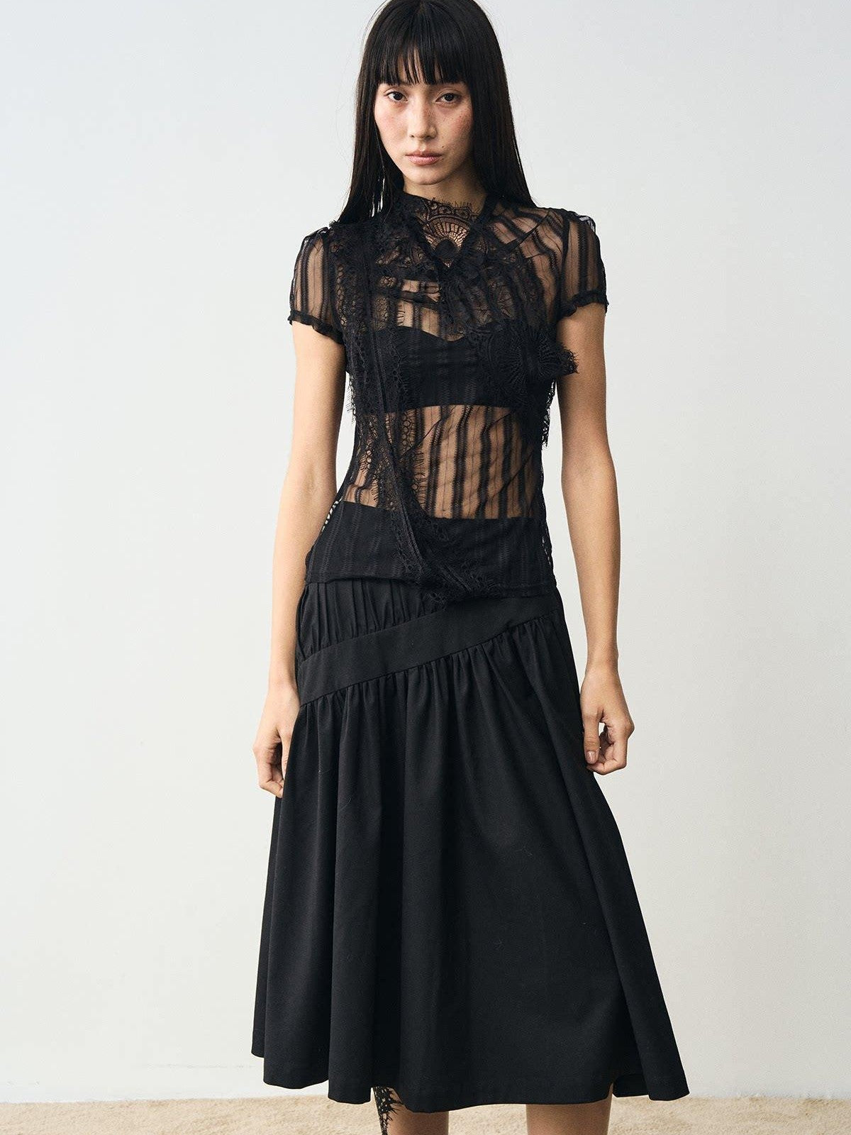 popoop Black Mesh Lace Close Fitting Women&