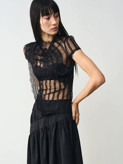 popoop Black Mesh Lace Close Fitting Women&