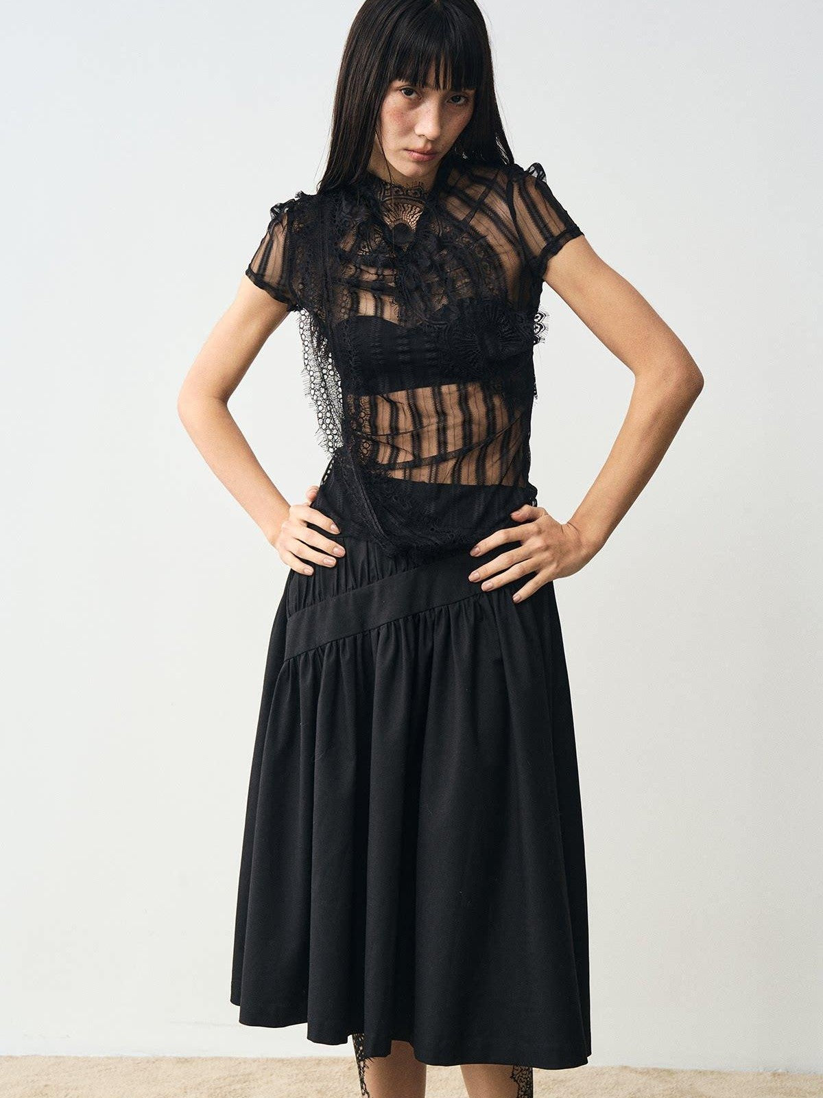 popoop Black Mesh Lace Close Fitting Women&
