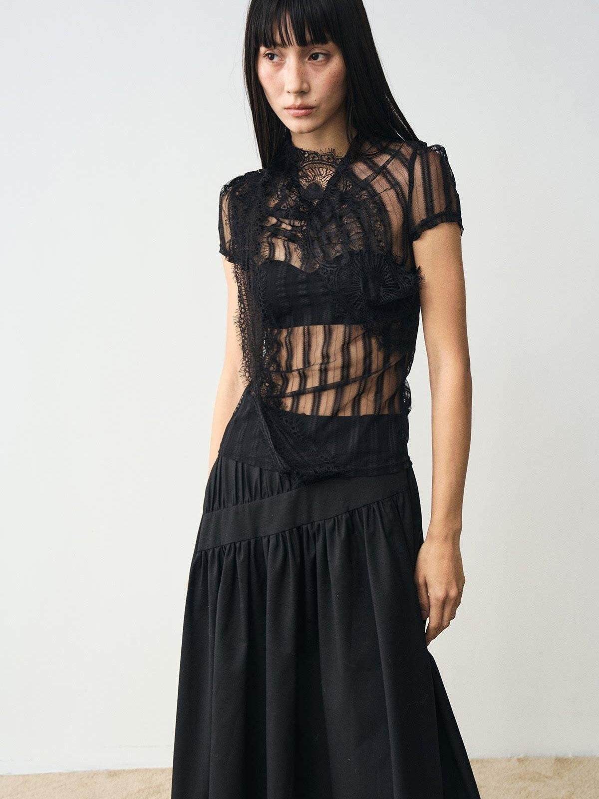popoop Black Mesh Lace Close Fitting Women&