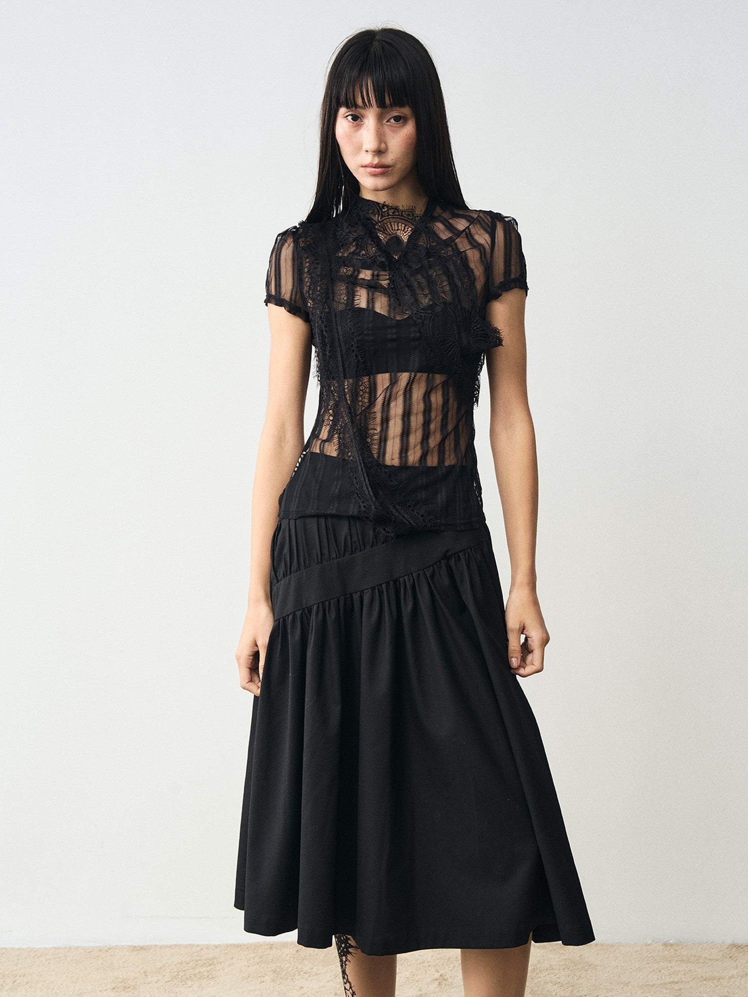 popoop Black Mesh Lace Close Fitting Women&