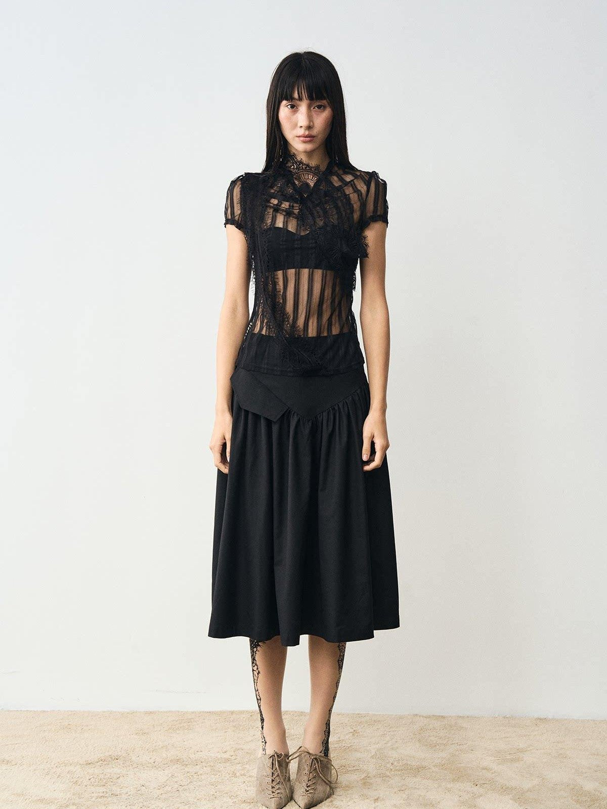 popoop Black Mesh Lace Close Fitting Women&