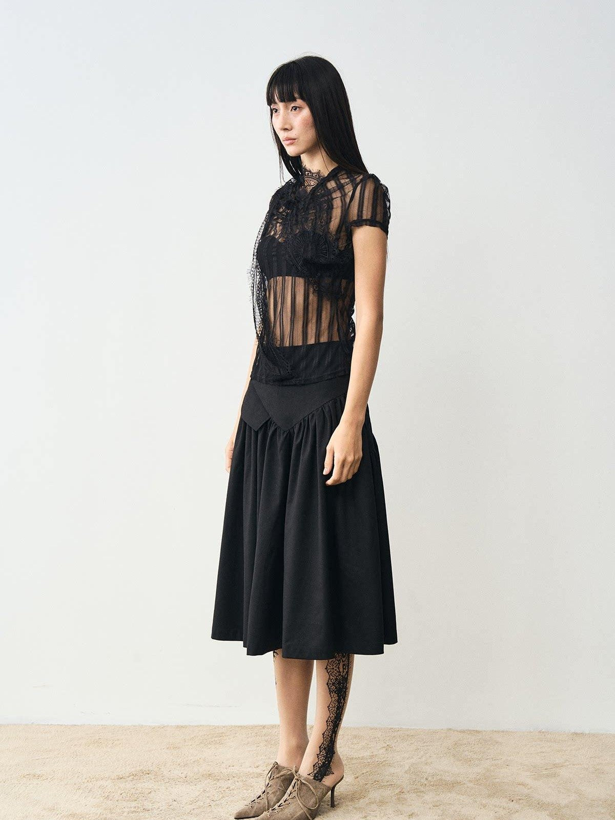 popoop Black Mesh Lace Close Fitting Women&